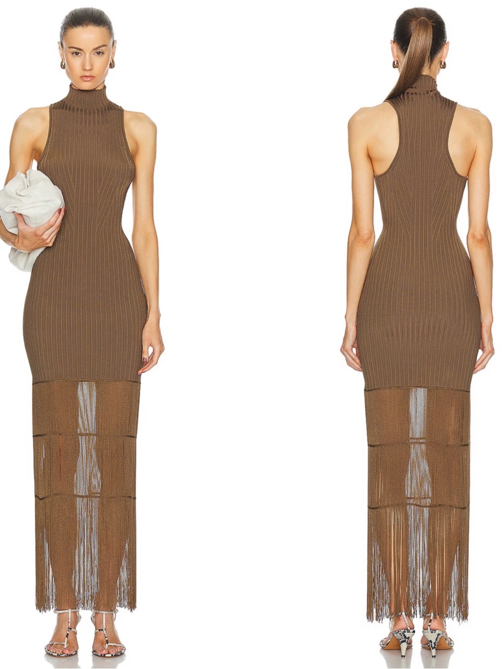 KHAITE Zare Rib Knit Mock Neck Fringe Brown Maxi Dress Size XS